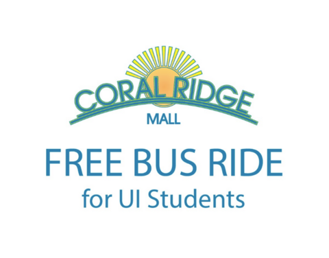 Text containing: "Coral Ridge Mall: Free Bus Ride for UI Students"